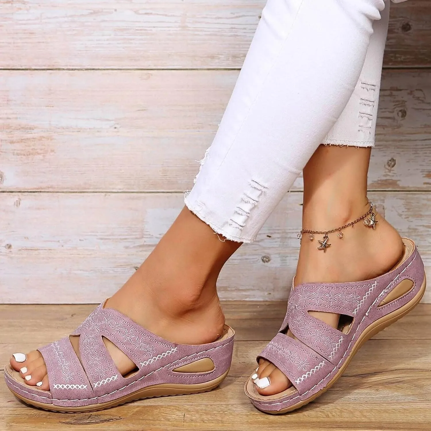 SuanlaTDS Orthopedic Sandals for Women Dressy Wedge Sandals with Arch Support Womens Slip On Platform Casual Outdoor Walking Wide Width Open Toe Summer Comfortable Beach Shoes