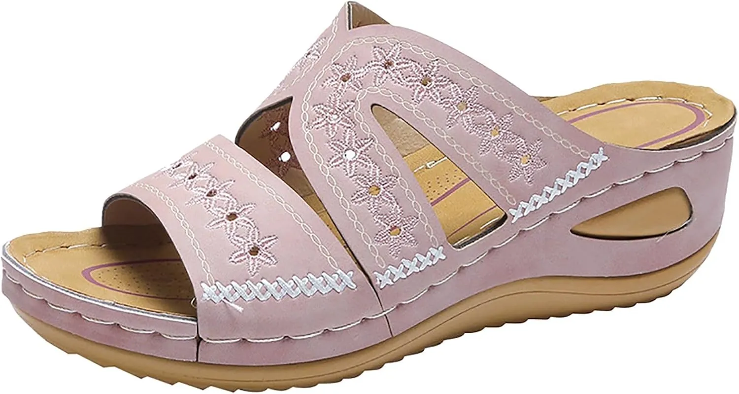 SuanlaTDS Orthopedic Sandals for Women Dressy Wedge Sandals with Arch Support Womens Slip On Platform Casual Outdoor Walking Wide Width Open Toe Summer Comfortable Beach Shoes