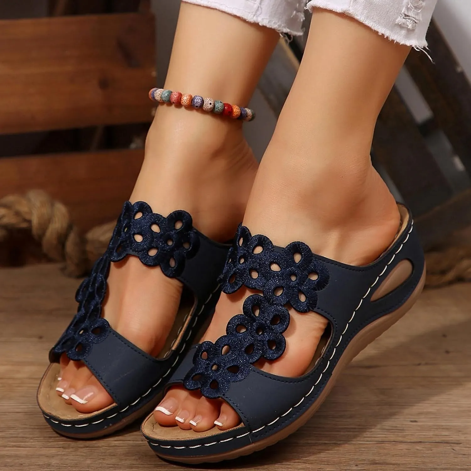 SuanlaTDS Orthopedic Sandals for Women Wedge 2025 Arch Support Flip Flops Dressy Summer Open Toe Slip-on Platform Comfortable Slides Slippers Plantar Fasciitis Outdoor Walking Beach Shoes