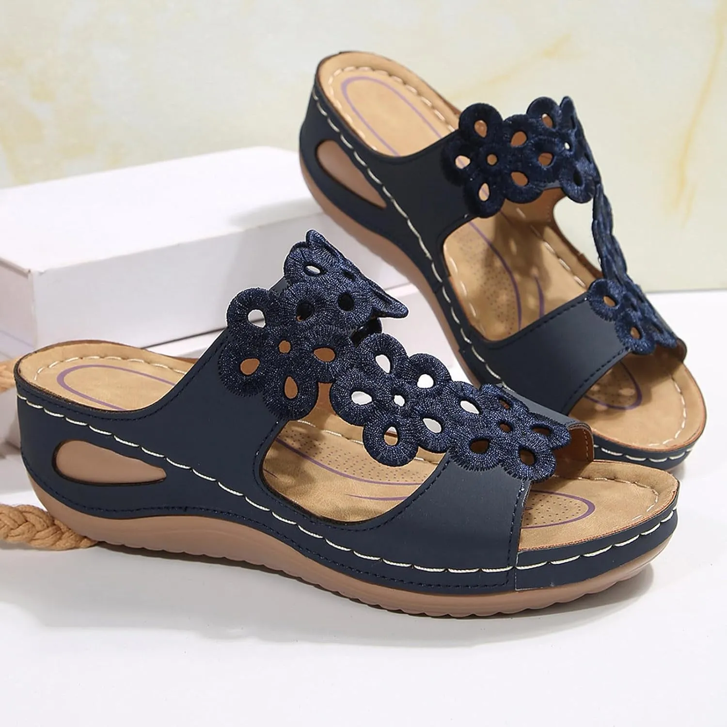 SuanlaTDS Orthopedic Sandals for Women Wedge 2025 Arch Support Flip Flops Dressy Summer Open Toe Slip-on Platform Comfortable Slides Slippers Plantar Fasciitis Outdoor Walking Beach Shoes