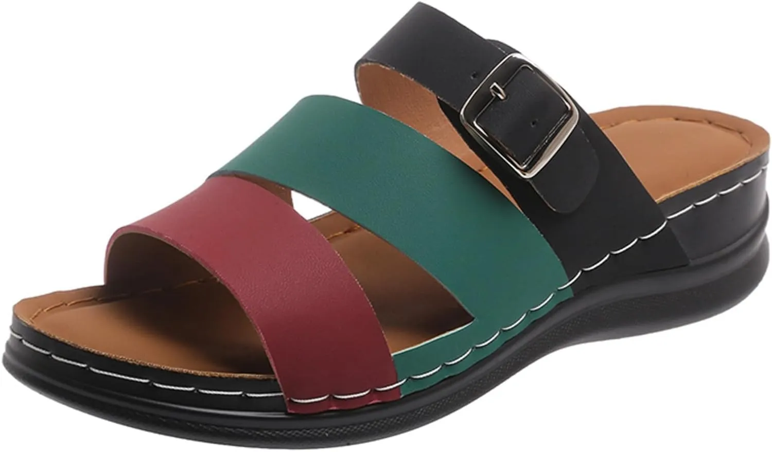 SuanlaTDS Orthopedic Sandals for Women Wedge Arch Support Buckle Open Toe Slip-on Slides Sandal 2025 Dressy Summer Comfortable Walking Beach Shoes Bohemian Platform Wedges Low Heel Slippers