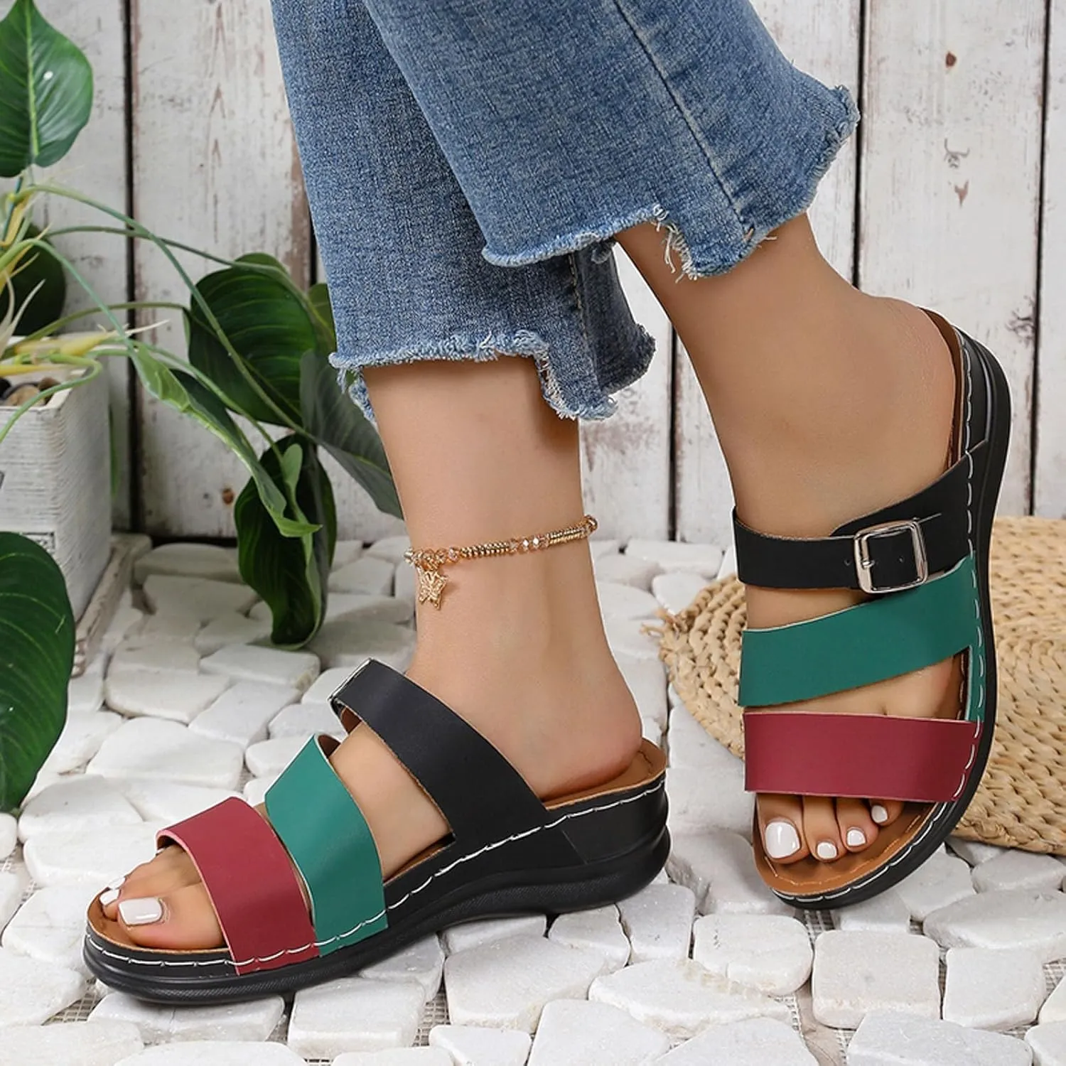 SuanlaTDS Orthopedic Sandals for Women Wedge Arch Support Buckle Open Toe Slip-on Slides Sandal 2025 Dressy Summer Comfortable Walking Beach Shoes Bohemian Platform Wedges Low Heel Slippers