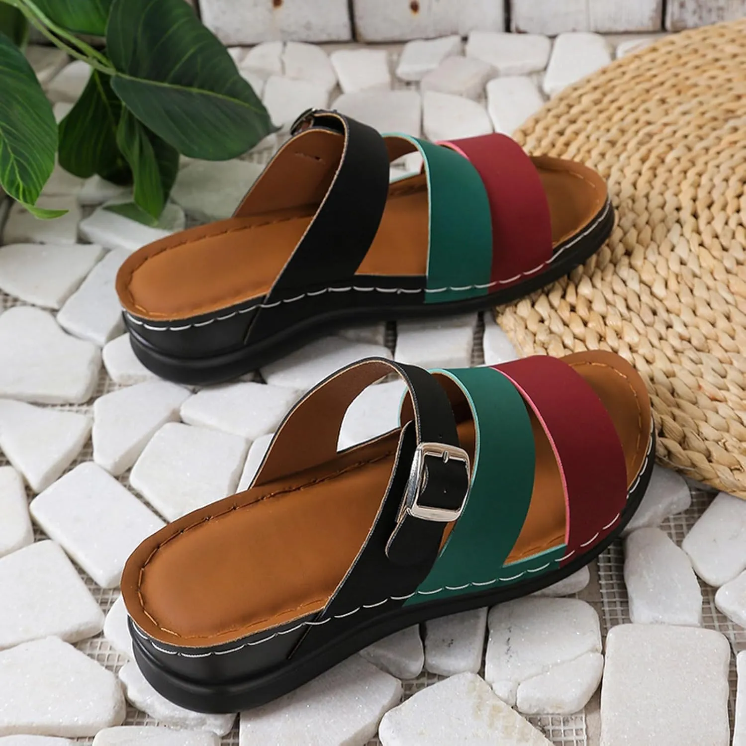 SuanlaTDS Orthopedic Sandals for Women Wedge Arch Support Buckle Open Toe Slip-on Slides Sandal 2025 Dressy Summer Comfortable Walking Beach Shoes Bohemian Platform Wedges Low Heel Slippers