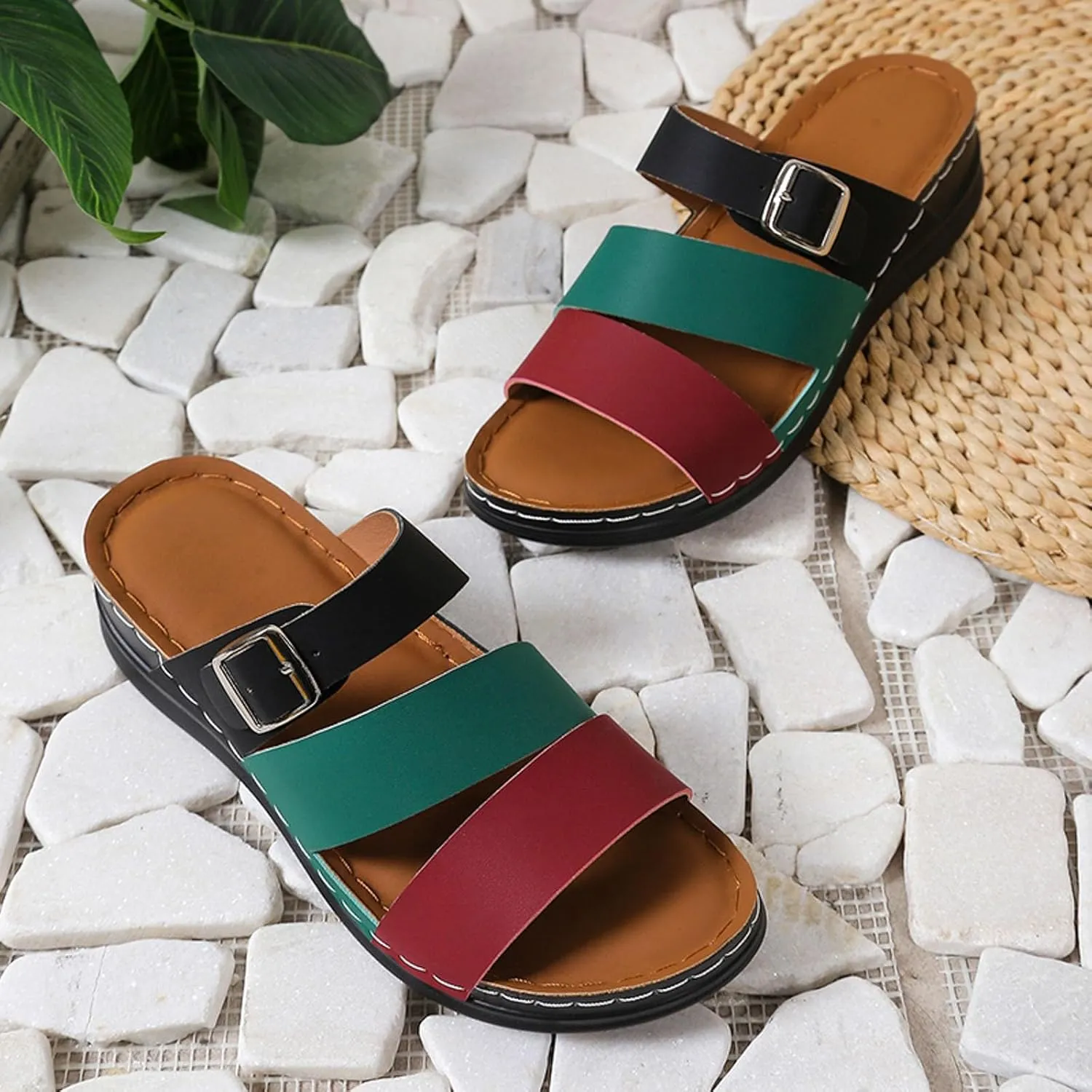 SuanlaTDS Orthopedic Sandals for Women Wedge Arch Support Buckle Open Toe Slip-on Slides Sandal 2025 Dressy Summer Comfortable Walking Beach Shoes Bohemian Platform Wedges Low Heel Slippers