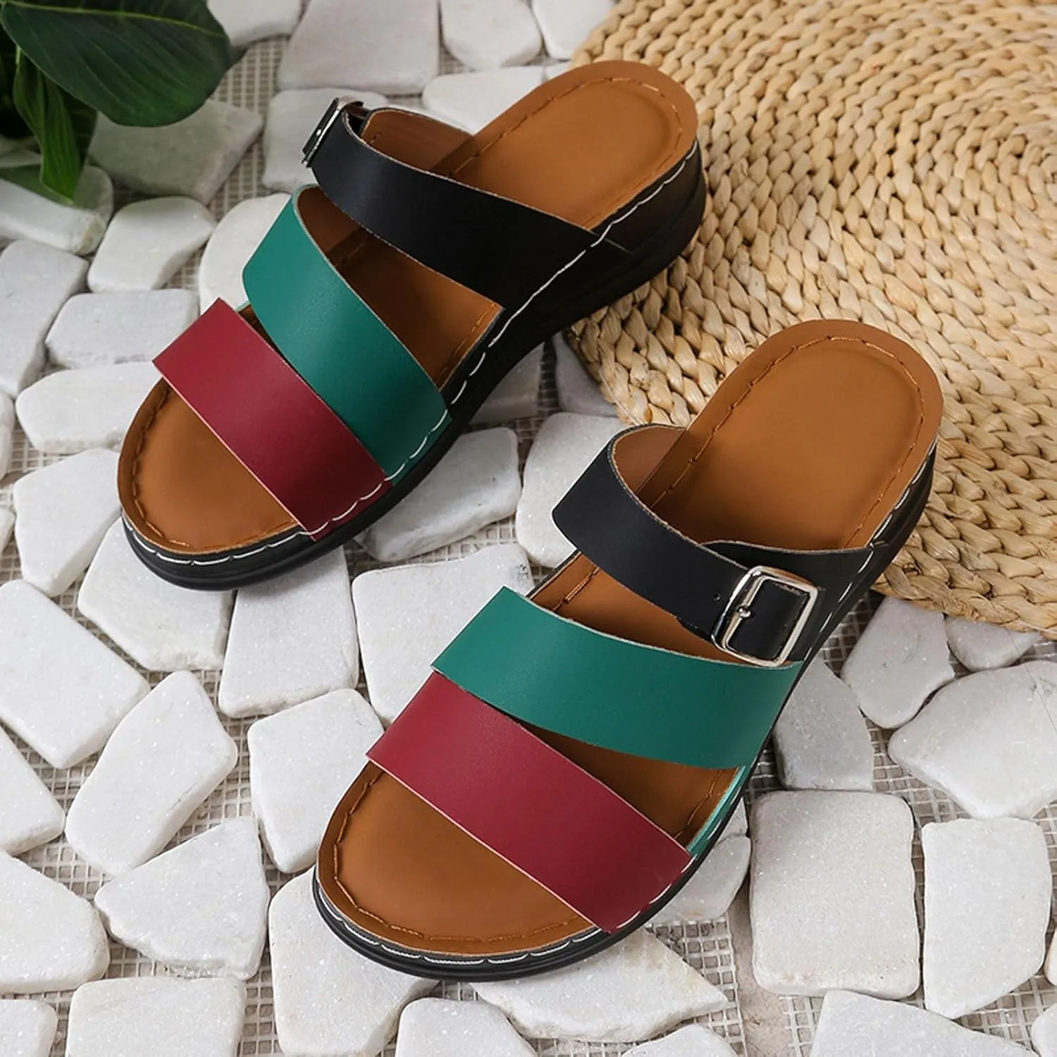 SuanlaTDS Orthopedic Sandals for Women Wedge Arch Support Buckle Open Toe Slip-on Slides Sandal 2025 Dressy Summer Comfortable Walking Beach Shoes Bohemian Platform Wedges Low Heel Slippers