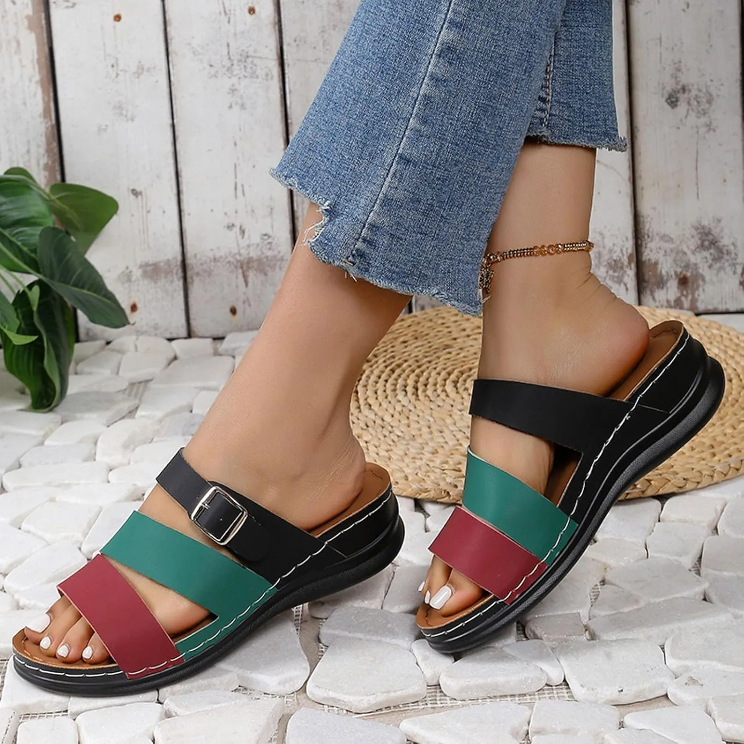SuanlaTDS Orthopedic Sandals for Women Wedge Arch Support Buckle Open Toe Slip-on Slides Sandal 2025 Dressy Summer Comfortable Walking Beach Shoes Bohemian Platform Wedges Low Heel Slippers