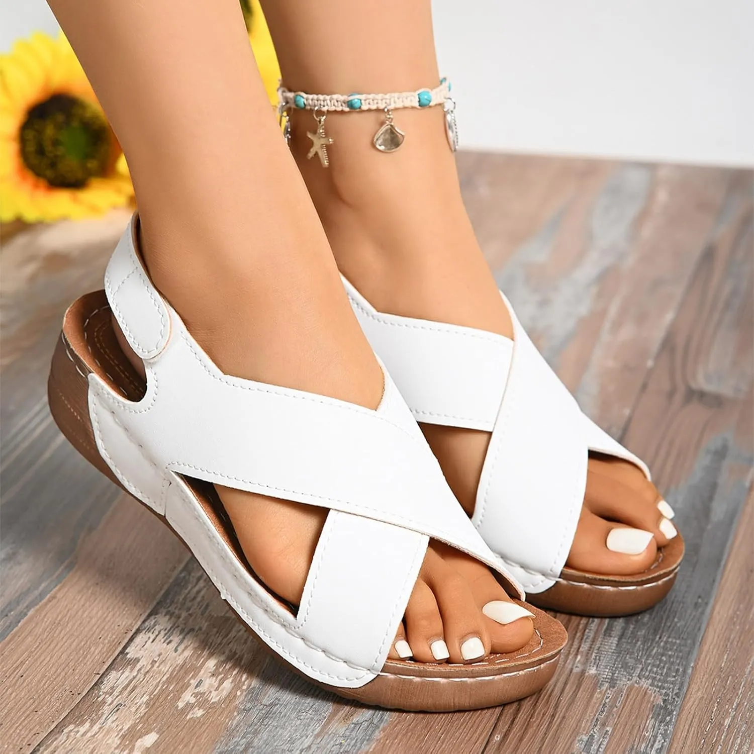 SuanlaTDS Orthopedic Wedge Sandals for Women 2025 Comfortable Arch Support Adjustable Ankle Strap Platform Slingback Summer Beach Shoes Dressy Crisscross Open Toe Low Heels Walking Sandal