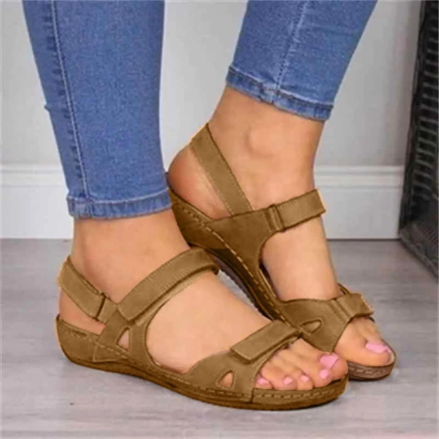 SuanlaTDS Orthopedic Wedge Sandals for Women Comfortable Dressy Summer Casual Platform Arch Support Hook Loop Ankle Strap Open Toe Plantar Fasciitis Low Heels Wedges Outdoor Walking Shoes
