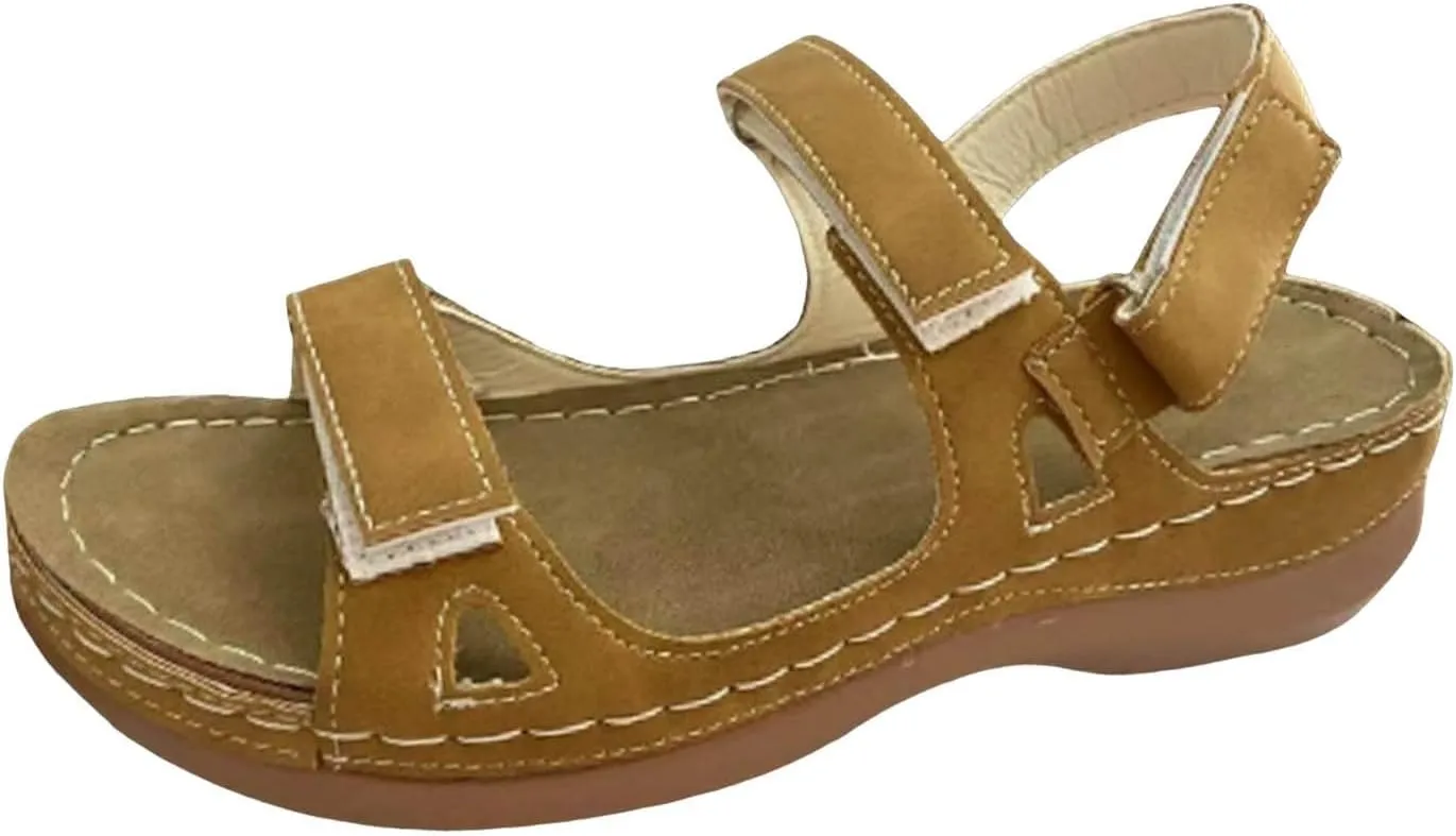 SuanlaTDS Orthopedic Wedge Sandals for Women Comfortable Dressy Summer Casual Platform Arch Support Hook Loop Ankle Strap Open Toe Plantar Fasciitis Low Heels Wedges Outdoor Walking Shoes