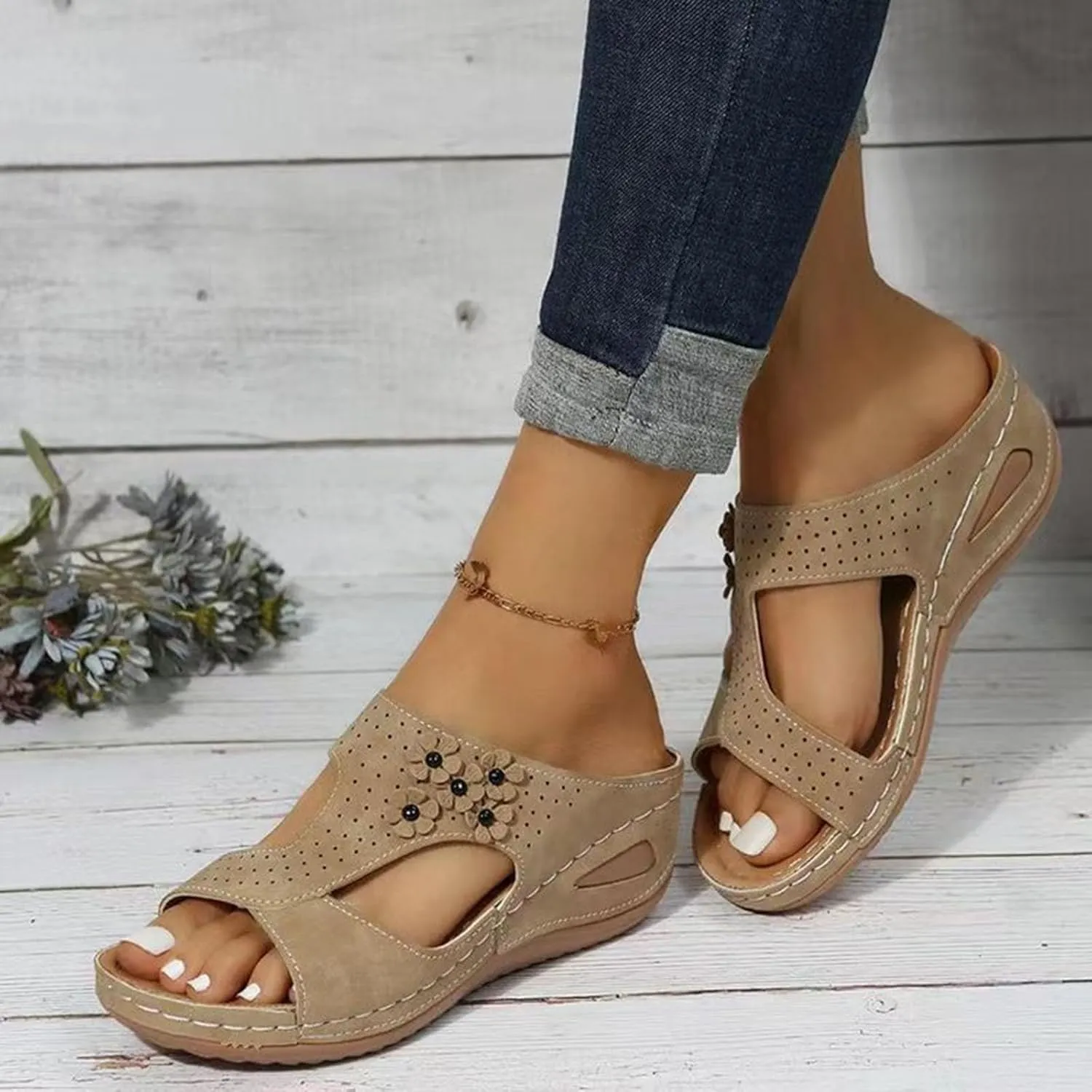 SuanlaTDS Orthopedic Wedge Sandals for Women Summer Dressy 2025 Comfortable Arch Support Open Toe Platform Slip On Slides Beach Dress Shoes Outdoor Walking Low Wedges Heels Slide Sandal