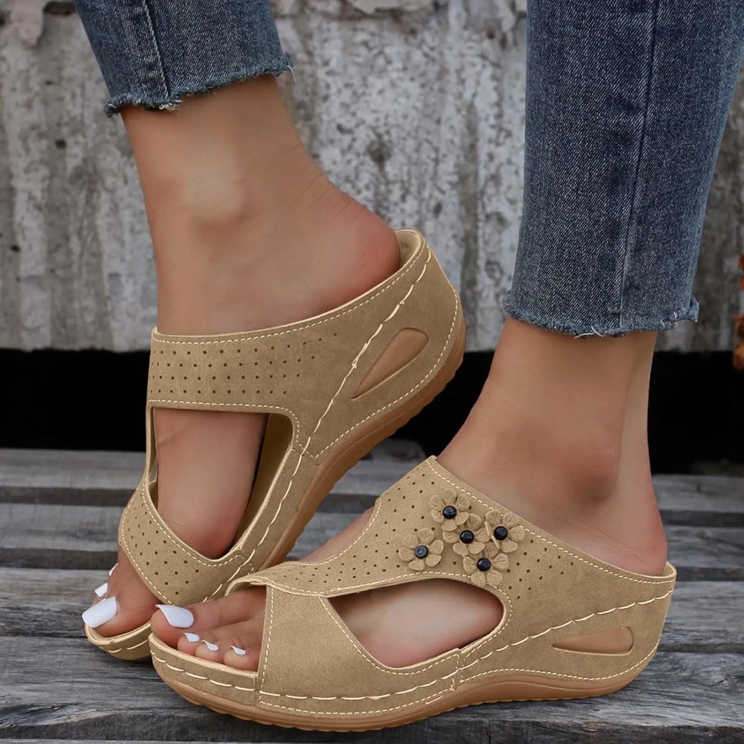 SuanlaTDS Orthopedic Wedge Sandals for Women Summer Dressy 2025 Comfortable Arch Support Open Toe Platform Slip On Slides Beach Dress Shoes Outdoor Walking Low Wedges Heels Slide Sandal