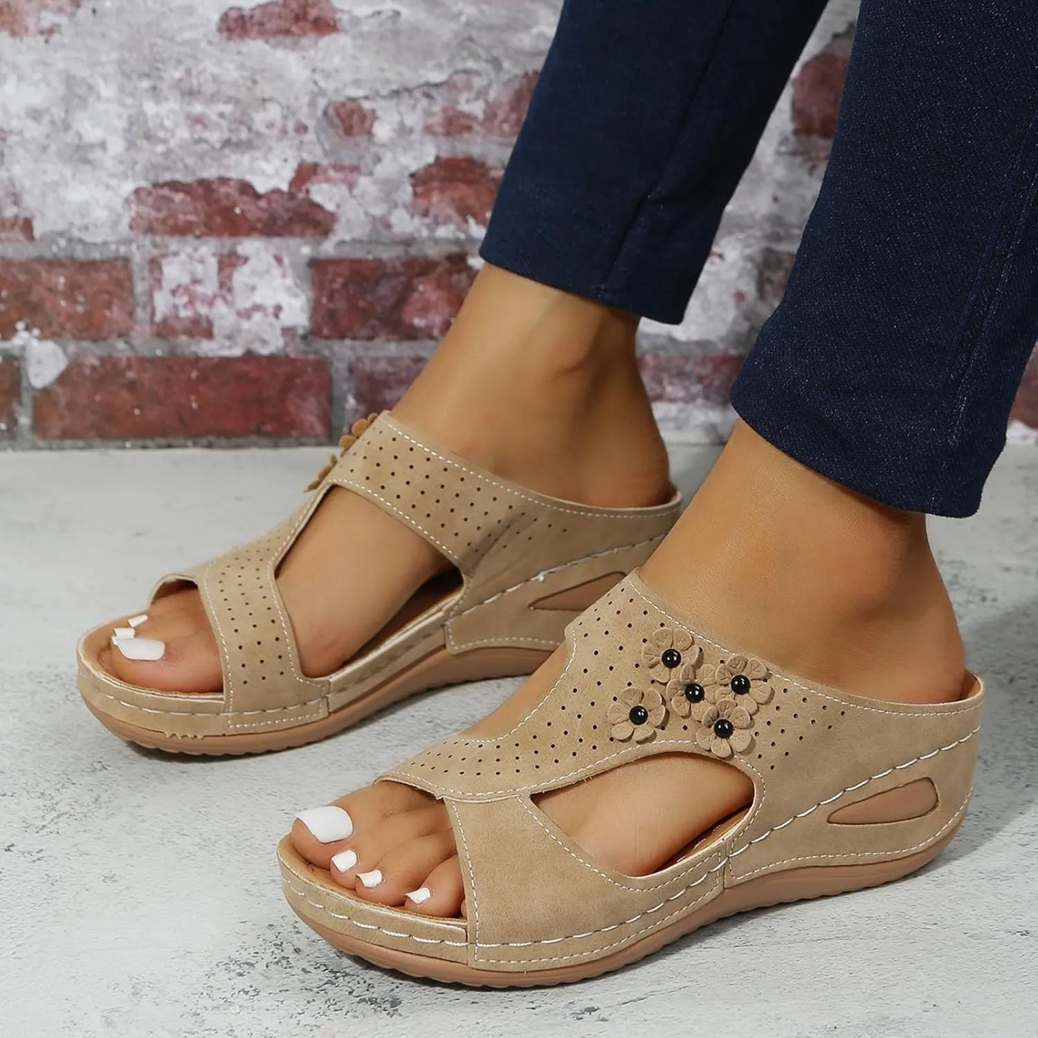 SuanlaTDS Orthopedic Wedge Sandals for Women Summer Dressy 2025 Comfortable Arch Support Open Toe Platform Slip On Slides Beach Dress Shoes Outdoor Walking Low Wedges Heels Slide Sandal
