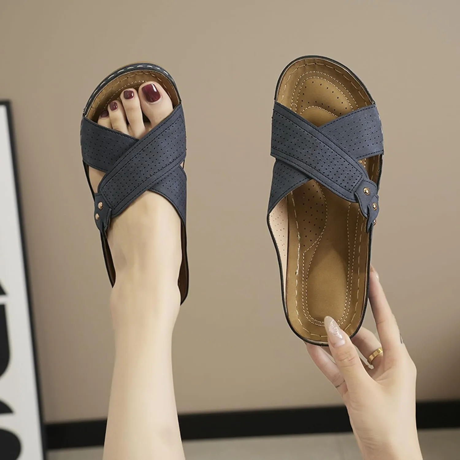 SuanlaTDS Orthopedic Wedge Sandals for Women Summer Dressy 2025 Open Toe Platform Casual Low Wedges Heels Arch Support Beach Dress Shoes Comfortable Outdoor Slip On Slide Walking Sandal