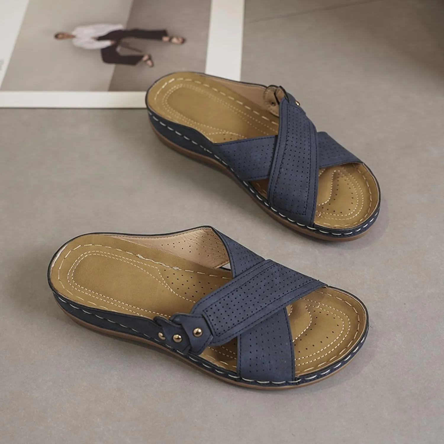 SuanlaTDS Orthopedic Wedge Sandals for Women Summer Dressy 2025 Open Toe Platform Casual Low Wedges Heels Arch Support Beach Dress Shoes Comfortable Outdoor Slip On Slide Walking Sandal