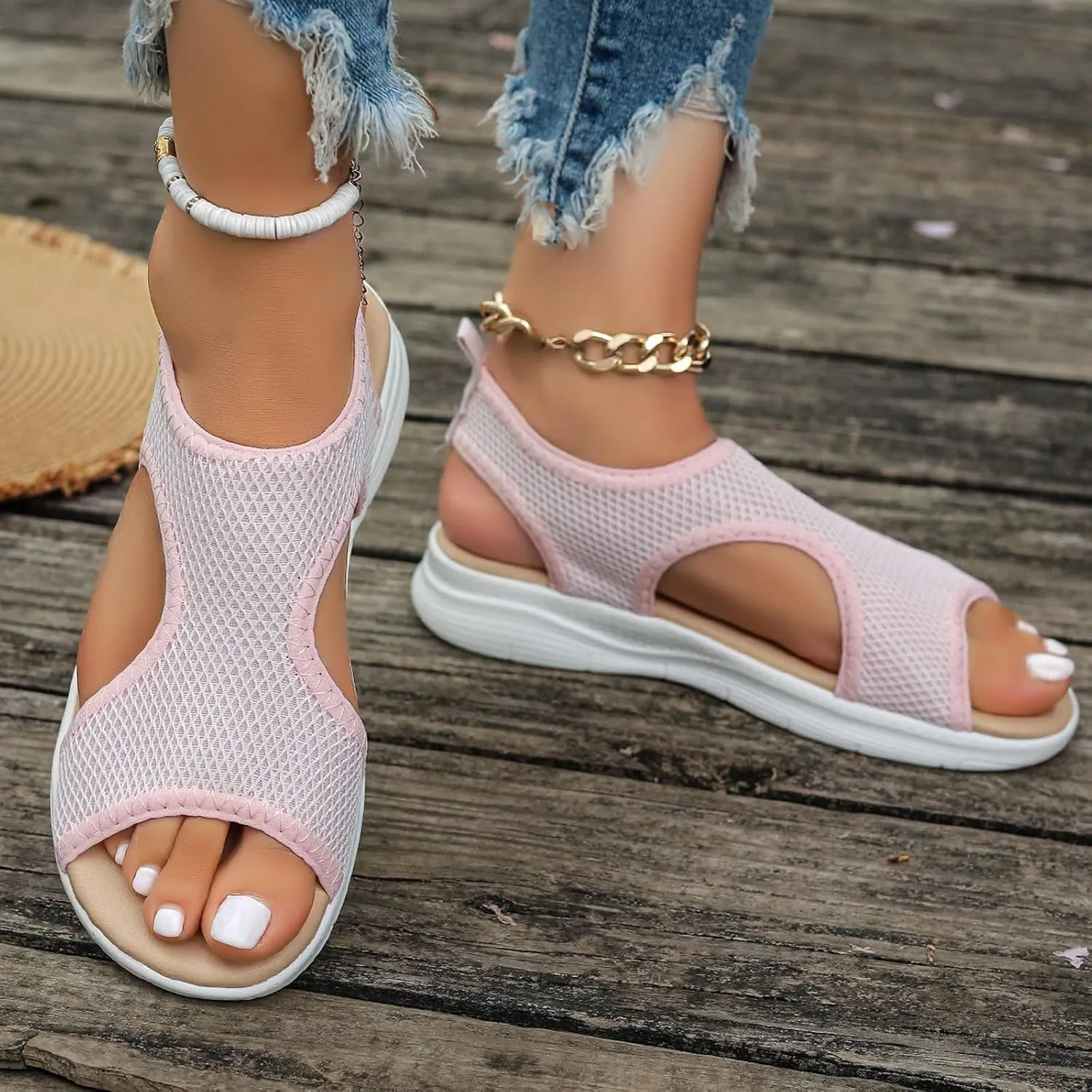 SuanlaTDS Orthopedic Wedge Sandals for Women Summer Dressy Casual Platform Thick Sole Open Toe Elastic Slip On Beach Sandal Breathable Mesh Low Heels Wedges Outdoor Walking Shoes