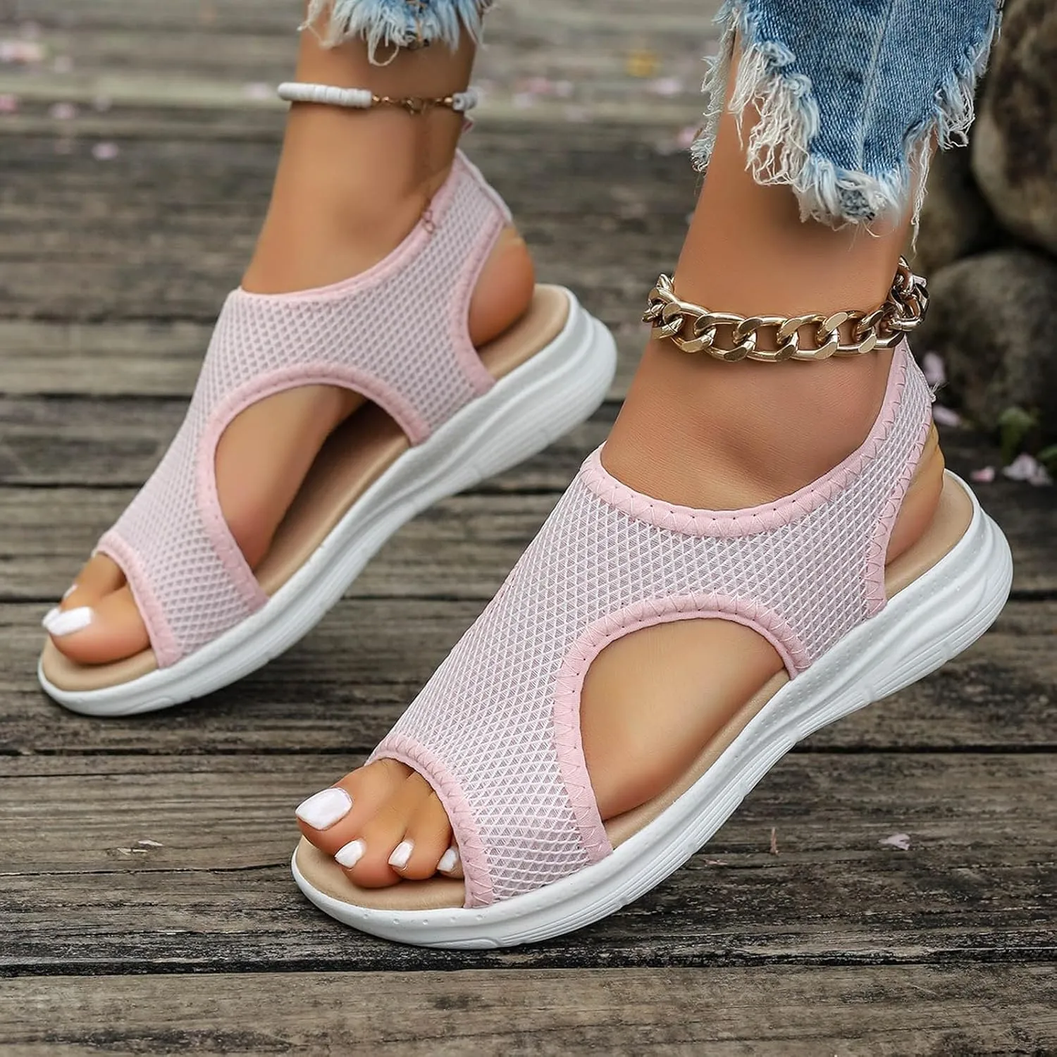 SuanlaTDS Orthopedic Wedge Sandals for Women Summer Dressy Casual Platform Thick Sole Open Toe Elastic Slip On Beach Sandal Breathable Mesh Low Heels Wedges Outdoor Walking Shoes