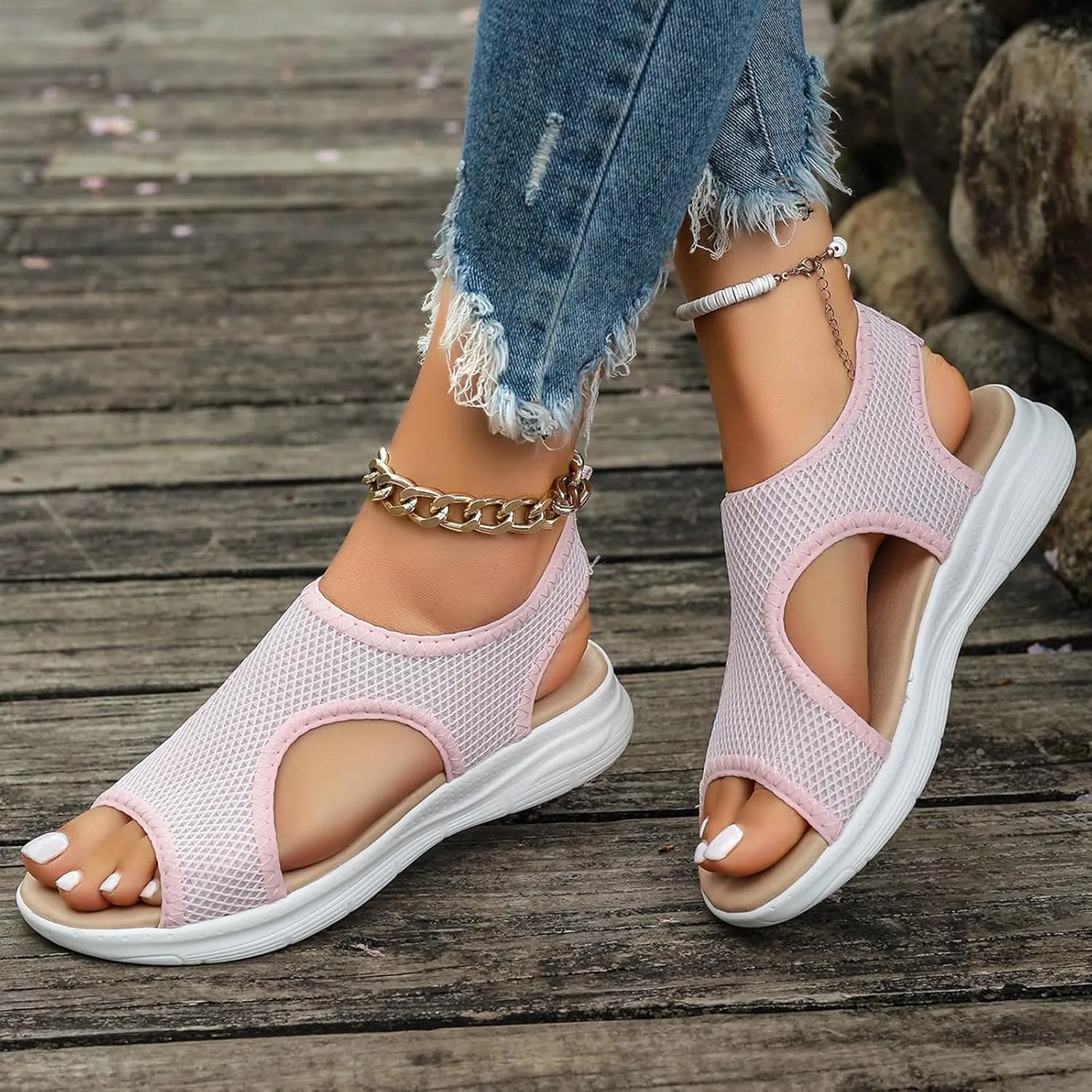 SuanlaTDS Orthopedic Wedge Sandals for Women Summer Dressy Casual Platform Thick Sole Open Toe Elastic Slip On Beach Sandal Breathable Mesh Low Heels Wedges Outdoor Walking Shoes