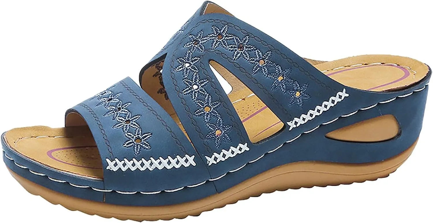 SuanlaTDS Orthopedic Wedge Sandals for Women Summer Dressy Comfortable Platform Open Toe Low Heels Wedges Slide Sandals with Arch Support Casual Bohemian Beach Outdoor Walking Shoes