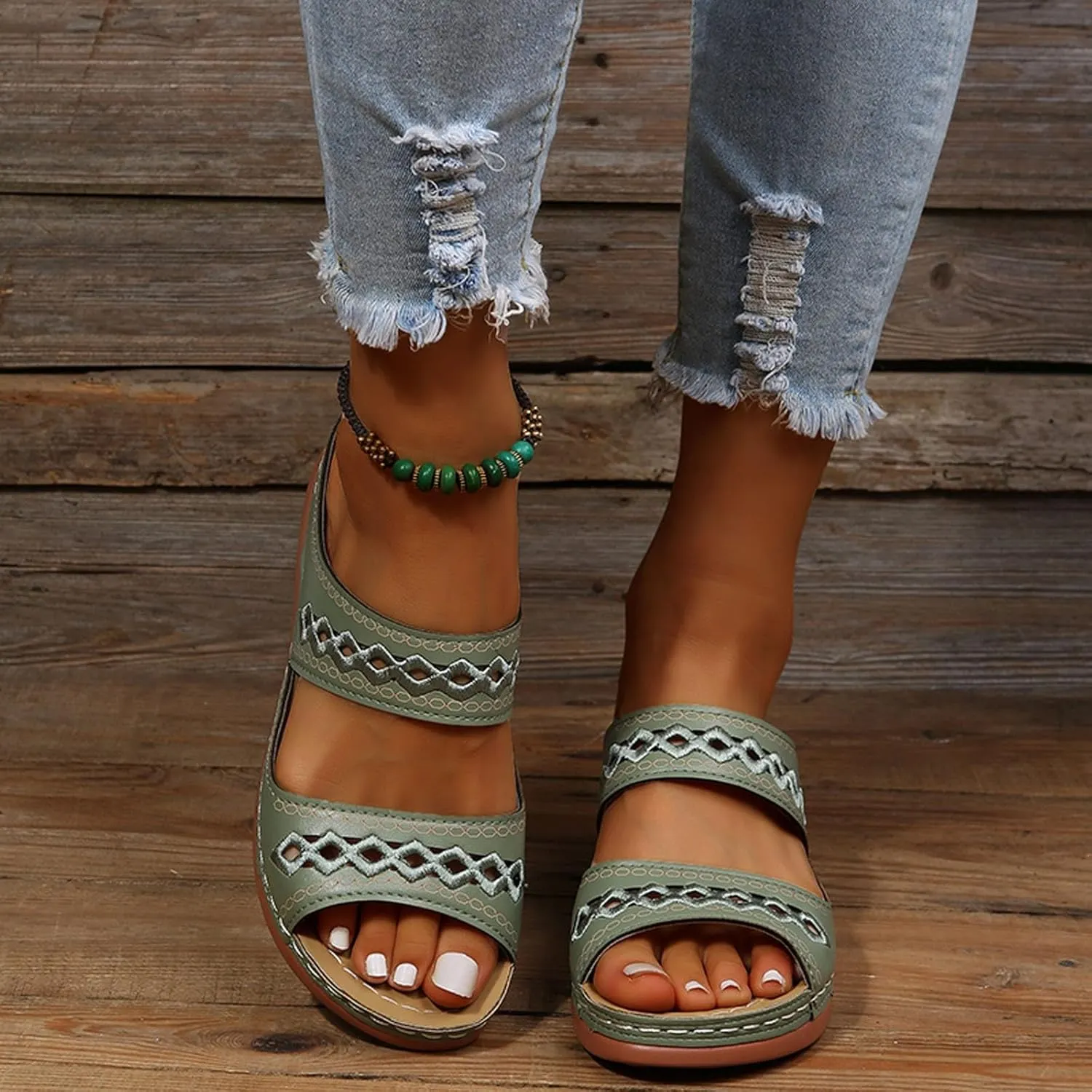 SuanlaTDS Wedge Sandals for Women Orthopedic Platform Arch Support 2025 Comfortable Dressy Summer Hollow Out Open Toe Slip On Slides Outdoor Walking Beach Shoes Elegant Low Heels Sandal