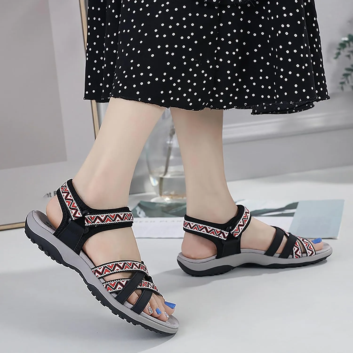 SuanlaTDS Womens Flat Sandals Comfortable Arch Support Wedge Low Heels Orthopedic Sandals Lightweight Summer Beach Boho Platform Adjustable Ankle Strap Wedges Outdoor Walking Shoes
