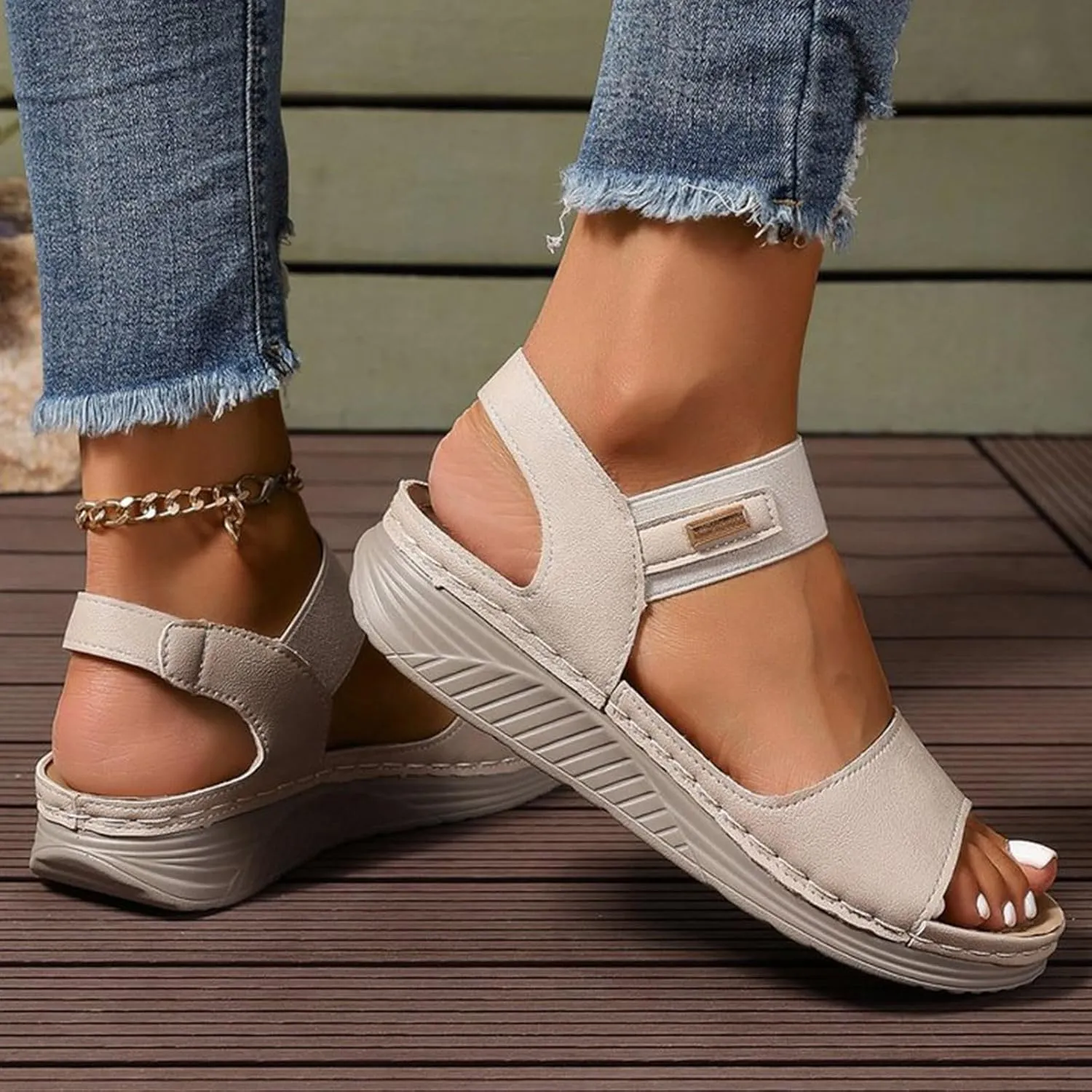 SuanlaTDS Womens Orthopedic Sandals Wedge Summer Dressy Platform Comfortable Arch Support Elastic Ankle Strap Slip On Bohemian Beach Outdoor Walking Shoes Open Toe Low Wedges Heels Sandal