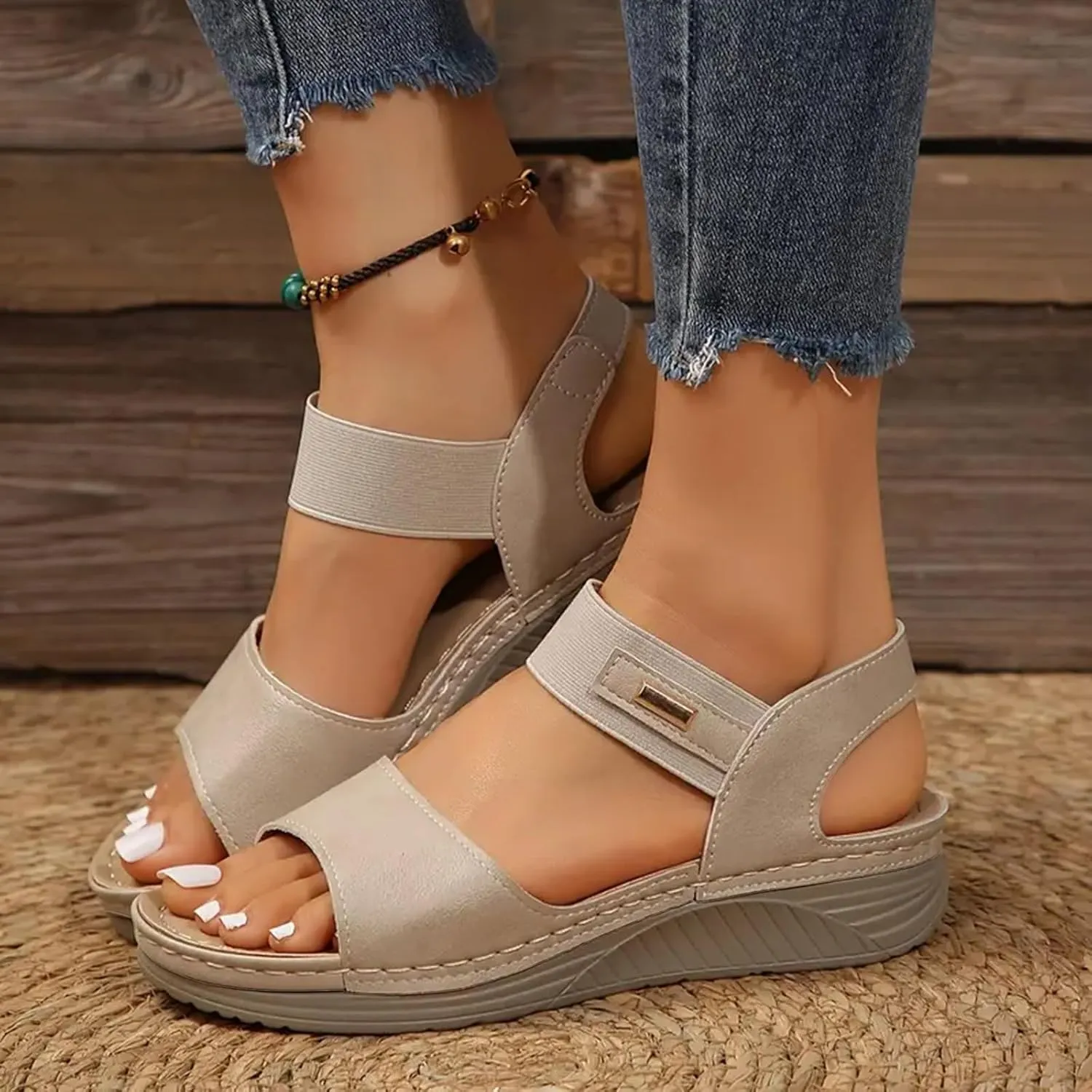 SuanlaTDS Womens Orthopedic Sandals Wedge Summer Dressy Platform Comfortable Arch Support Elastic Ankle Strap Slip On Bohemian Beach Outdoor Walking Shoes Open Toe Low Wedges Heels Sandal
