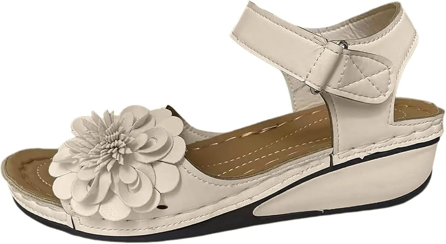 SuanlaTDS Women's Platform Wedge Sandals Comfortable Flower Open Toe Chunky Bottom Low Wedges Heels Orthopedic Sandals with Arch Support Adjustable Ankle Strap Summer Elegant Dress Shoes