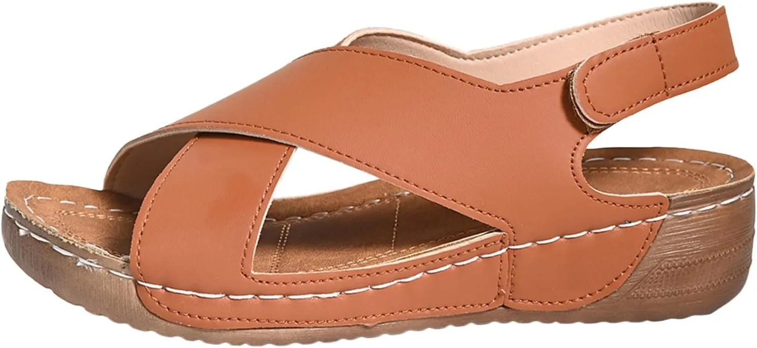 SuanlaTDS Women's Platform Wedge Sandals Round Toe Summer Casual Crisscross Band Adjustable Ankle Strap Arch Support Orthopedic Sandal Comfortable Dressy Open-toe Walking Beach Shoes