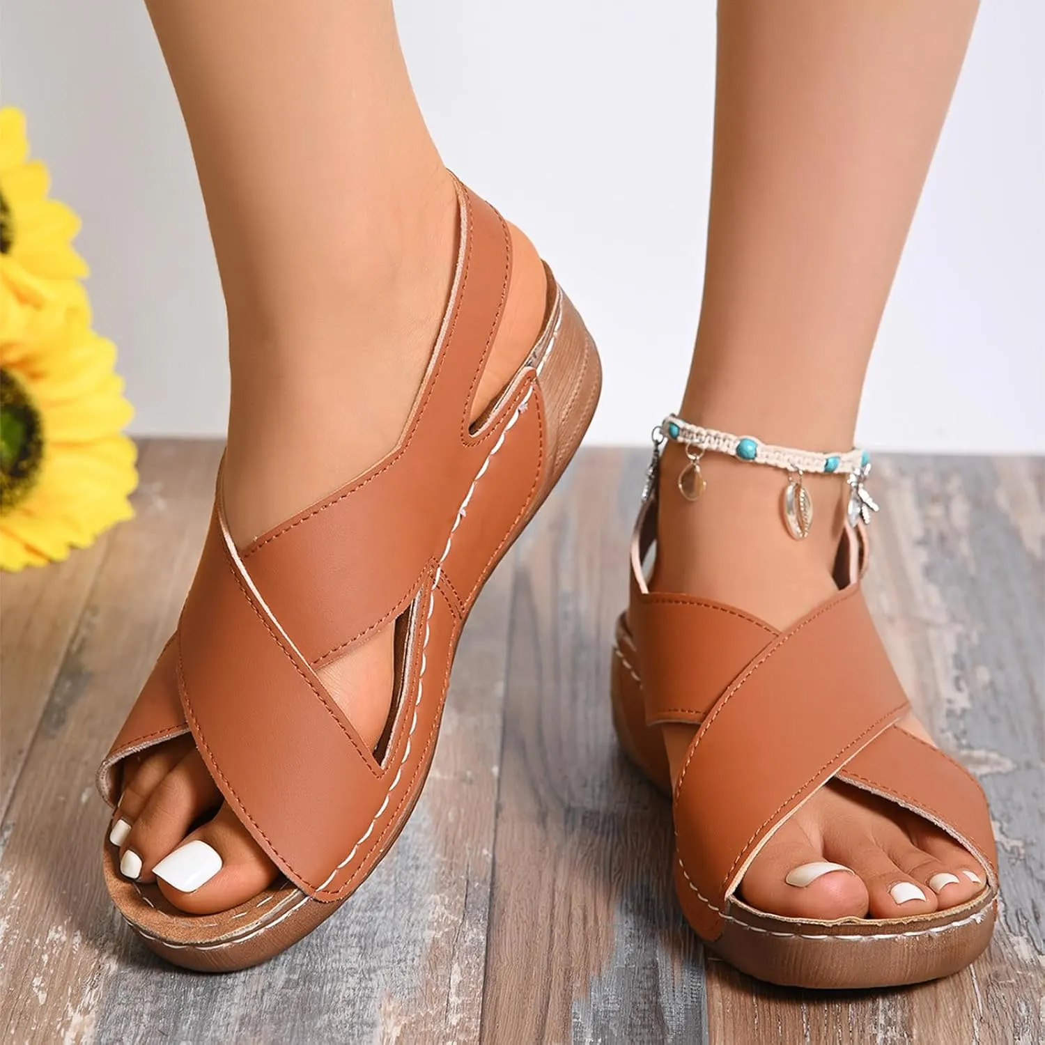 SuanlaTDS Women's Platform Wedge Sandals Round Toe Summer Casual Crisscross Band Adjustable Ankle Strap Arch Support Orthopedic Sandal Comfortable Dressy Open-toe Walking Beach Shoes