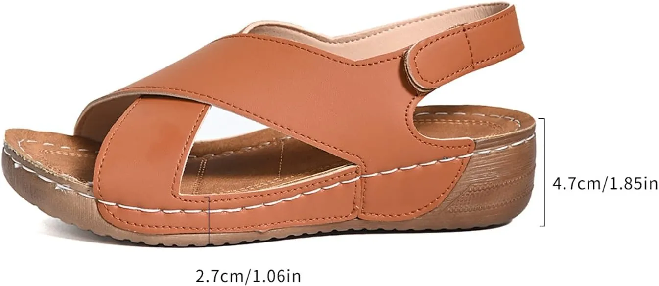 SuanlaTDS Women's Platform Wedge Sandals Round Toe Summer Casual Crisscross Band Adjustable Ankle Strap Arch Support Orthopedic Sandal Comfortable Dressy Open-toe Walking Beach Shoes