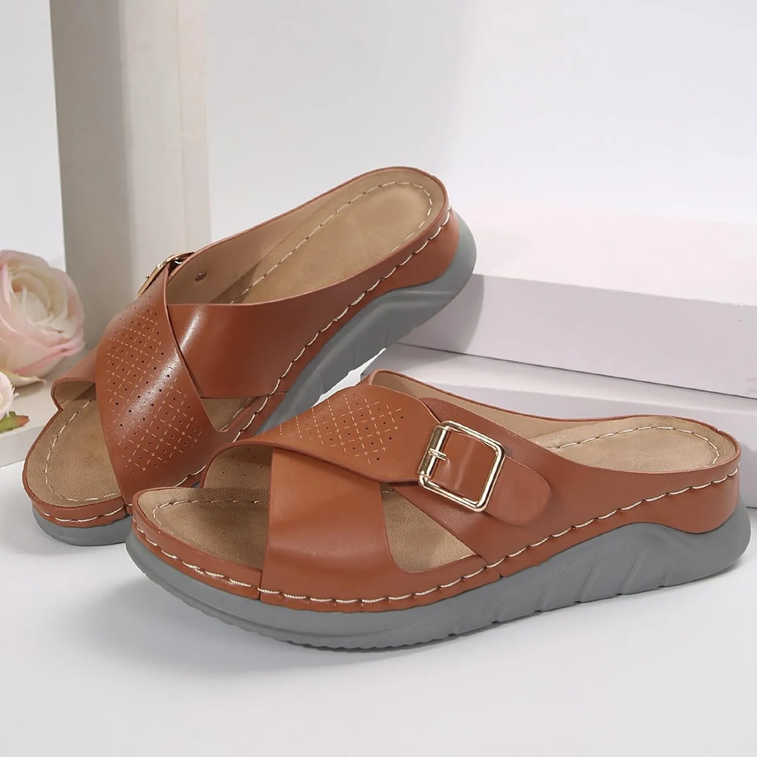 SuanlaTDS Womens Sandals Platform Wedge Summer Beach Comfortable Walking Shoes with Arch Support Open Toe Low Heels Wedges Slip On Slide Sandals Casual Outdoor Orthopedic Sandals Slippers