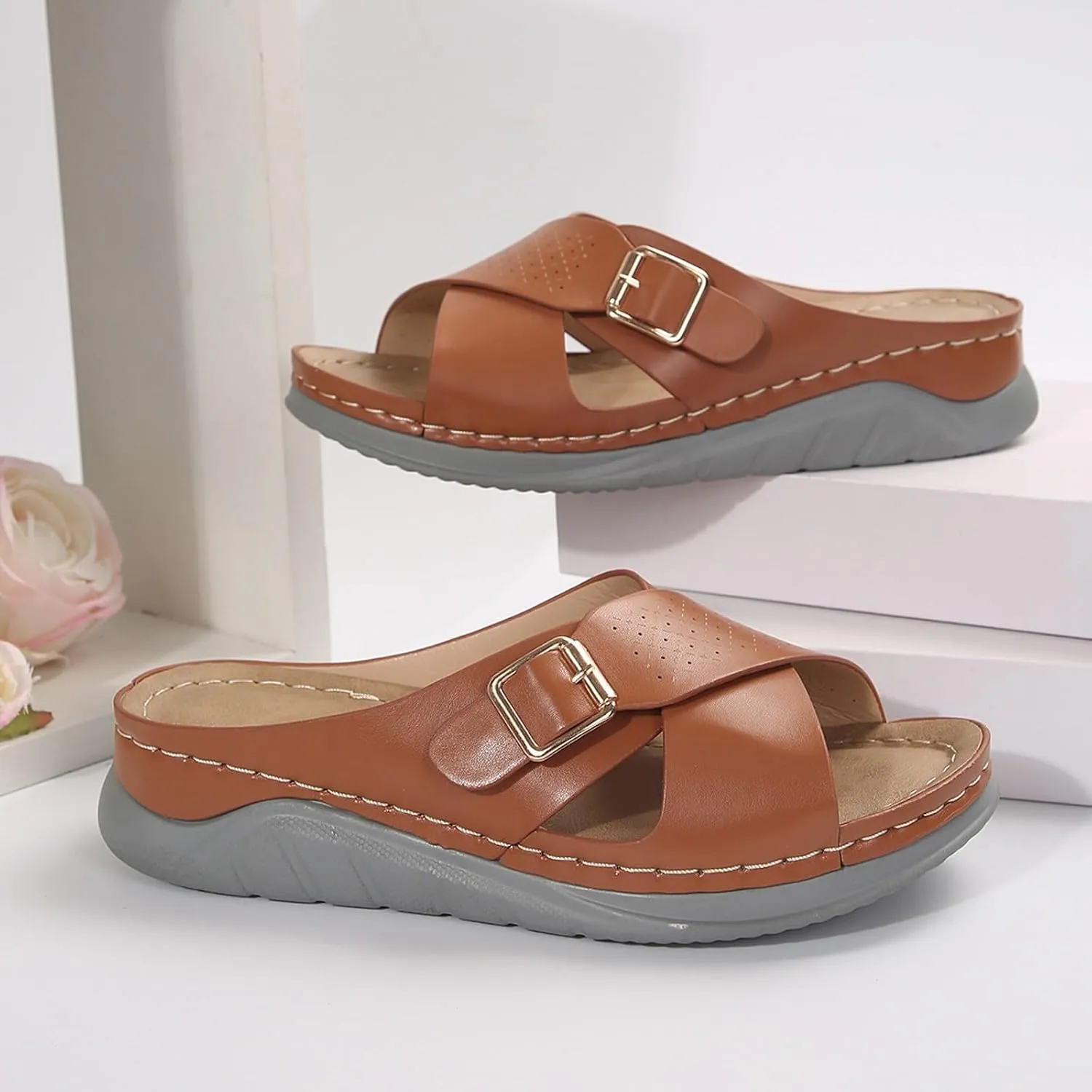 SuanlaTDS Womens Sandals Platform Wedge Summer Beach Comfortable Walking Shoes with Arch Support Open Toe Low Heels Wedges Slip On Slide Sandals Casual Outdoor Orthopedic Sandals Slippers