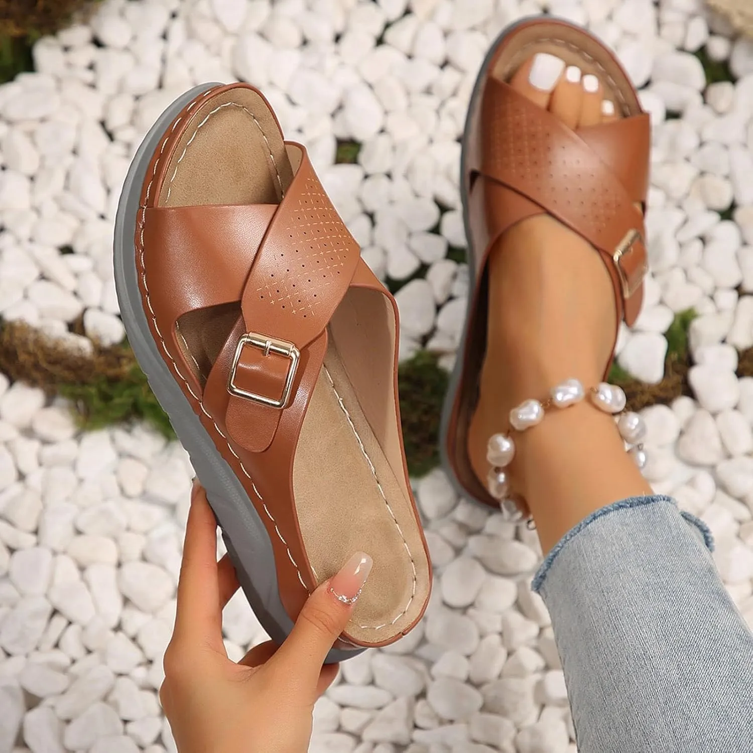 SuanlaTDS Womens Sandals Platform Wedge Summer Beach Comfortable Walking Shoes with Arch Support Open Toe Low Heels Wedges Slip On Slide Sandals Casual Outdoor Orthopedic Sandals Slippers