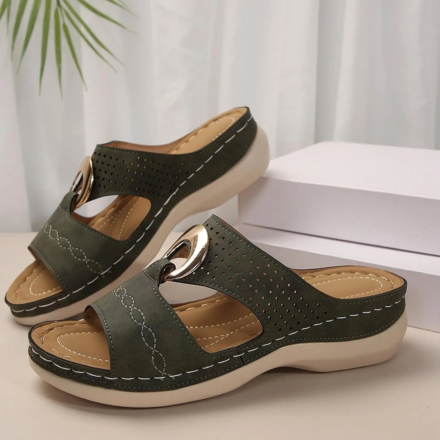 SuanlaTDS Womens Wedge Sandals Comfortable Platform Slip On Slide Sandals for Outdoor Walking Vacation Orthopedic Shoes Casual Summer Open Toe Low Heels Wedges Besch Sandals