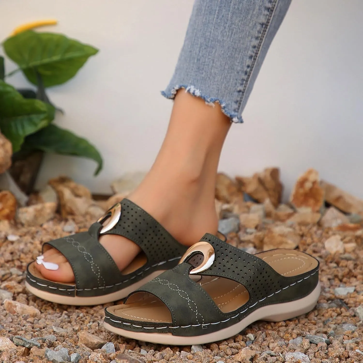 SuanlaTDS Womens Wedge Sandals Comfortable Platform Slip On Slide Sandals for Outdoor Walking Vacation Orthopedic Shoes Casual Summer Open Toe Low Heels Wedges Besch Sandals