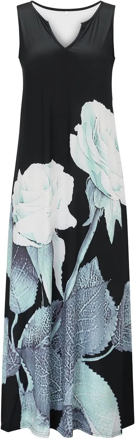Summer Dresses for Women 2025,Women's Trendy Floral Printed Dresses V Neck Baggy Hem Split Sleeveless Long Maxi Dress
