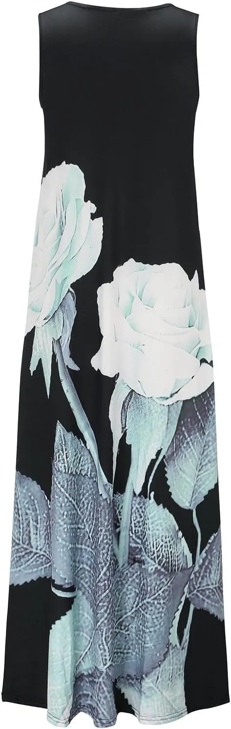 Summer Dresses for Women 2025,Women's Trendy Floral Printed Dresses V Neck Baggy Hem Split Sleeveless Long Maxi Dress