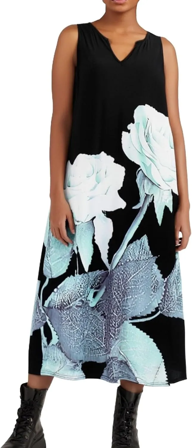 Summer Dresses for Women 2025,Women's Trendy Floral Printed Dresses V Neck Baggy Hem Split Sleeveless Long Maxi Dress