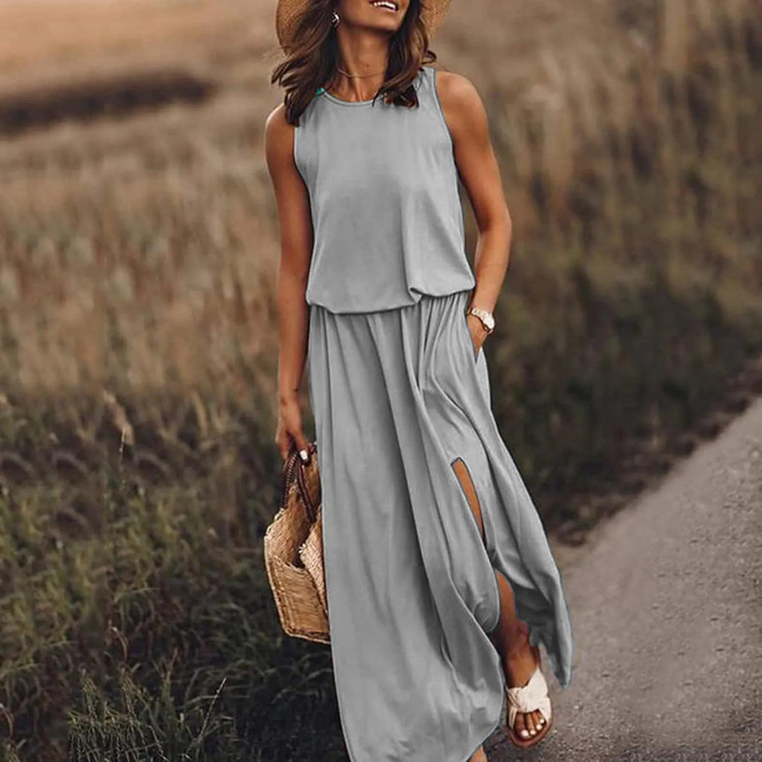 Summer Dresses for Women Casual Loose Sundress Split Maxi Dress Sleeveless Long Beach Dress Travel Vacation Outfits