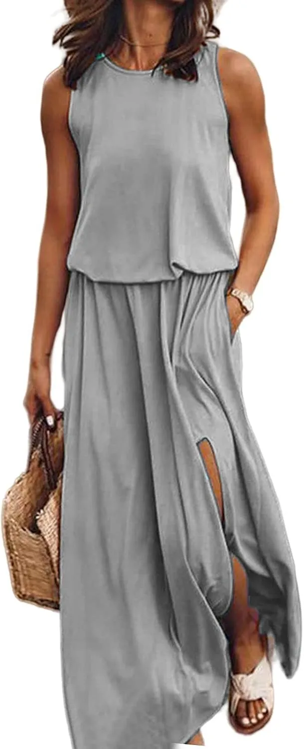 Summer Dresses for Women Casual Loose Sundress Split Maxi Dress Sleeveless Long Beach Dress Travel Vacation Outfits