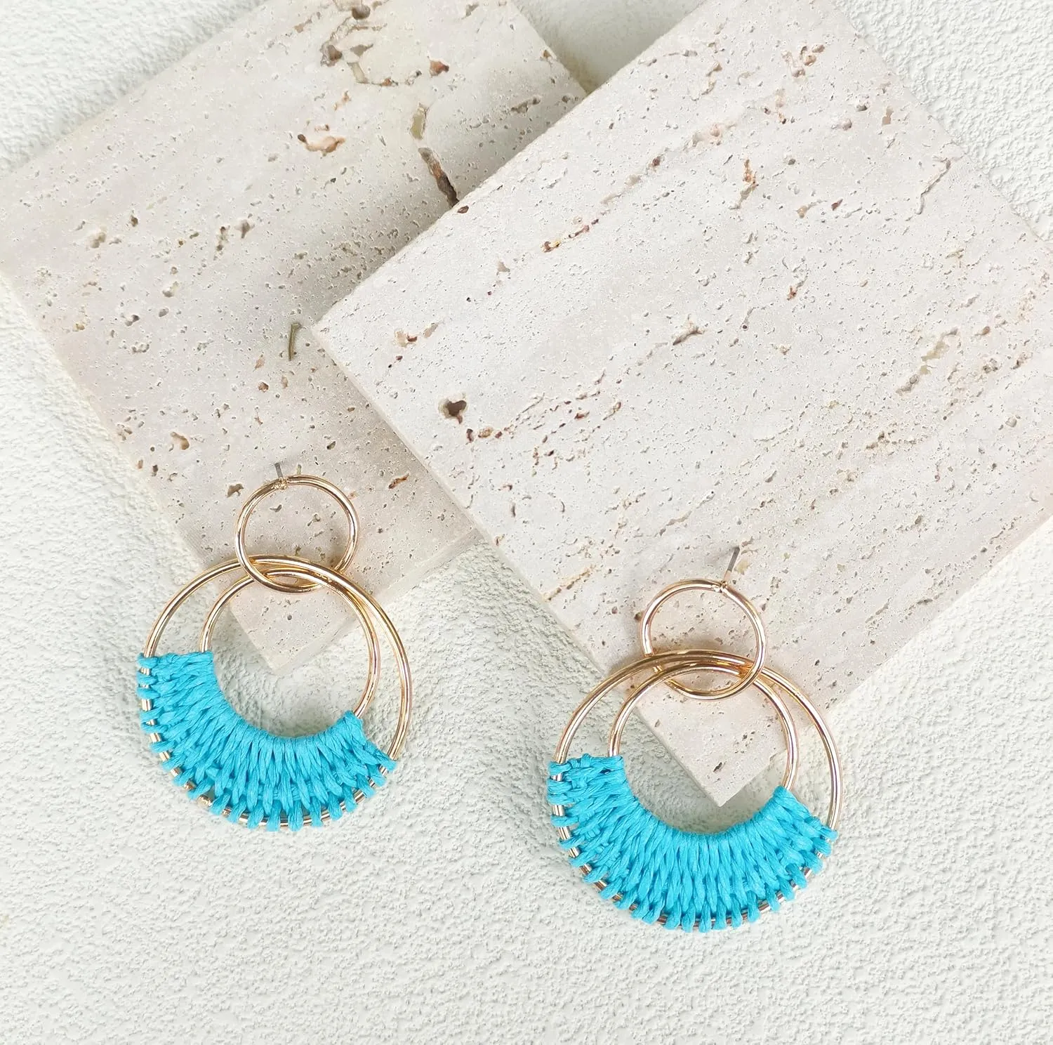 Summer Raffia Round Circle Earrings, Raffia Straw Wrapped Handmade Earring for Women, Boho Dangle Statement Tropical Beach Jewelry Gifts for Women