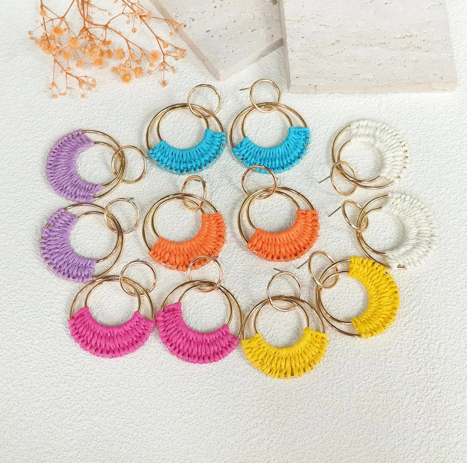Summer Raffia Round Circle Earrings, Raffia Straw Wrapped Handmade Earring for Women, Boho Dangle Statement Tropical Beach Jewelry Gifts for Women