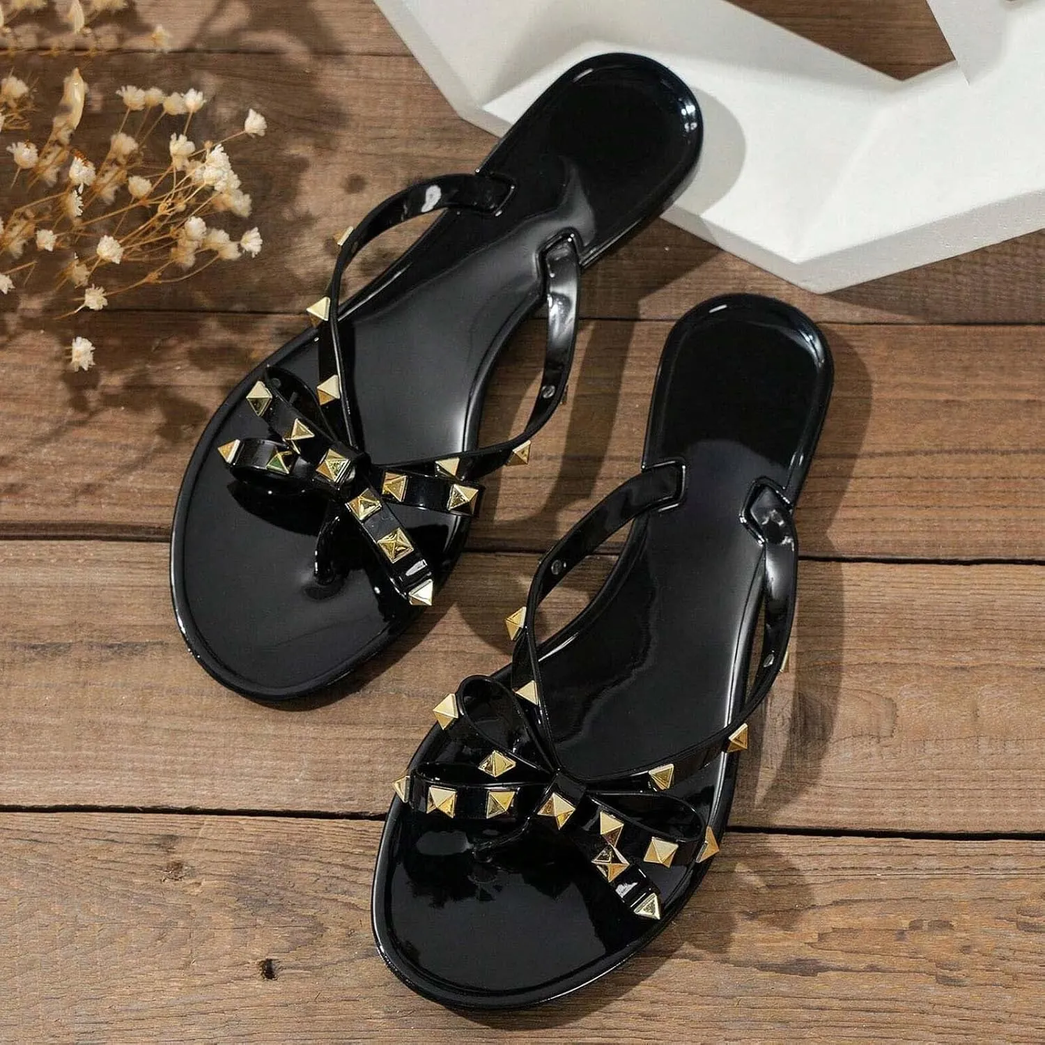 Summer Sandals for Women 2025 Womens Studded Flip Flops with Bow Cute Bowtie Flats Beach Rain Shoes for Vacation Party