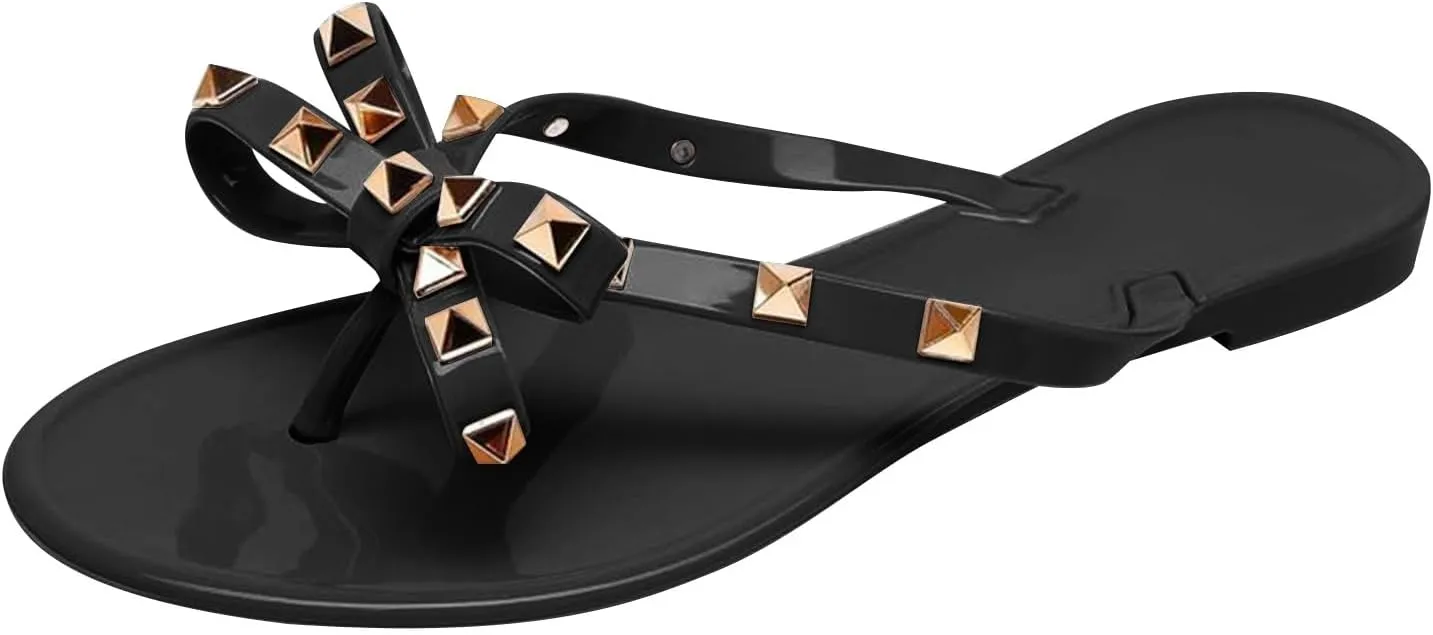 Summer Sandals for Women 2025 Womens Studded Flip Flops with Bow Cute Bowtie Flats Beach Rain Shoes for Vacation Party