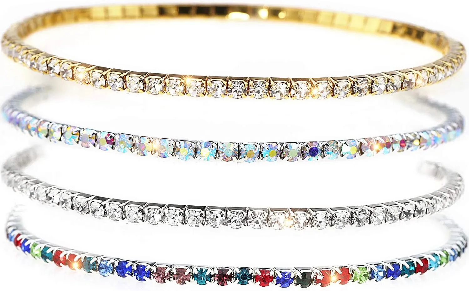 Suyi Crystal Ankle Bracelet for Women 4Pcs Diamond Tennis Stretch Anklets Elastic Foot Chain