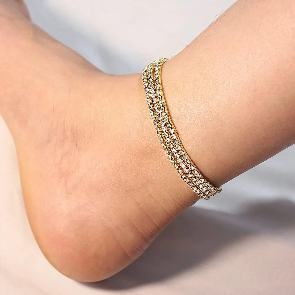 Suyi Crystal Ankle Bracelet for Women Diamond Tennis Stretch Anklets Elastic Foot Chain