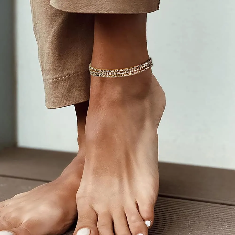 Suyi Crystal Ankle Bracelet for Women Diamond Tennis Stretch Anklets Elastic Foot Chain