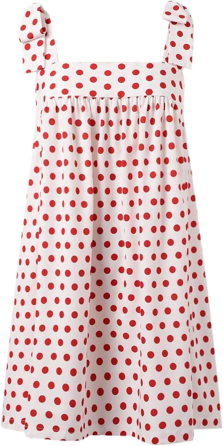 Tie Shoulder Mini Dress for Women Cute Polka Dot Square Neck Beach Short Dress Loose Fit Swing Vocation Sundress