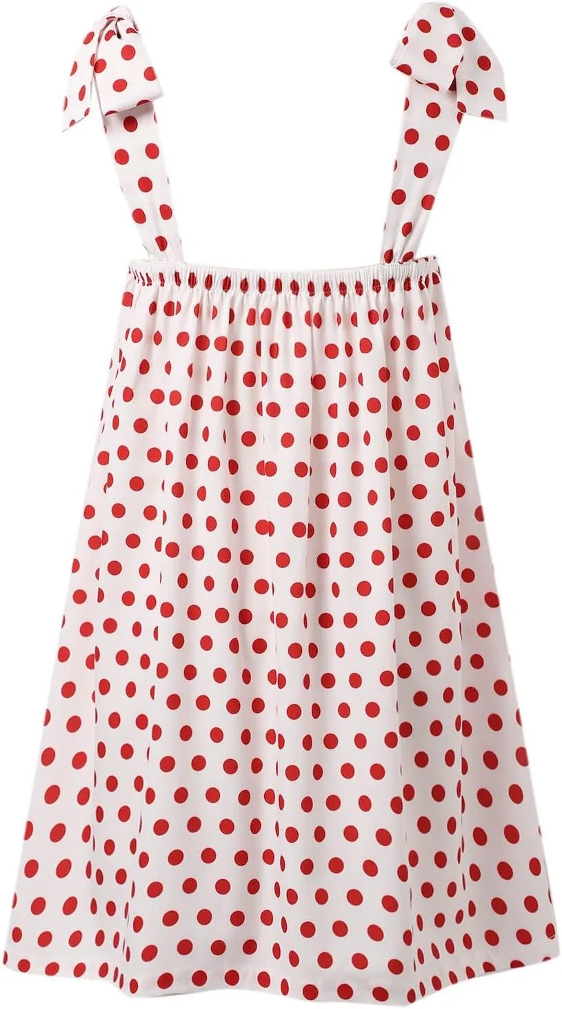 Tie Shoulder Mini Dress for Women Cute Polka Dot Square Neck Beach Short Dress Loose Fit Swing Vocation Sundress