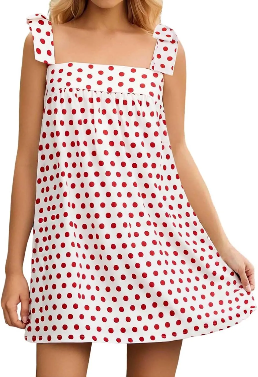 Tie Shoulder Mini Dress for Women Cute Polka Dot Square Neck Beach Short Dress Loose Fit Swing Vocation Sundress